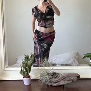 90s Dark Floral Cowl Neck Top with Midi Skirt Set